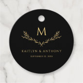 Elegante zwart en goud monogram krans bruiloft bedankjes labels (Voorkant)