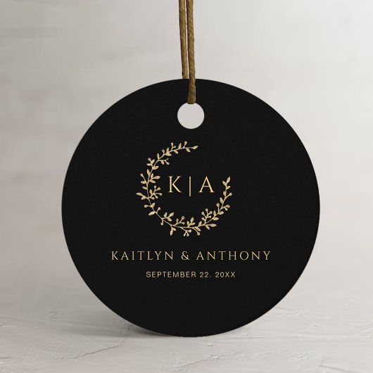 Elegante zwart en goud monogram krans bruiloft bedankjes labels