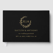 Elegante zwart en goud monogram krans bruiloft gastenboek (Voorkant)