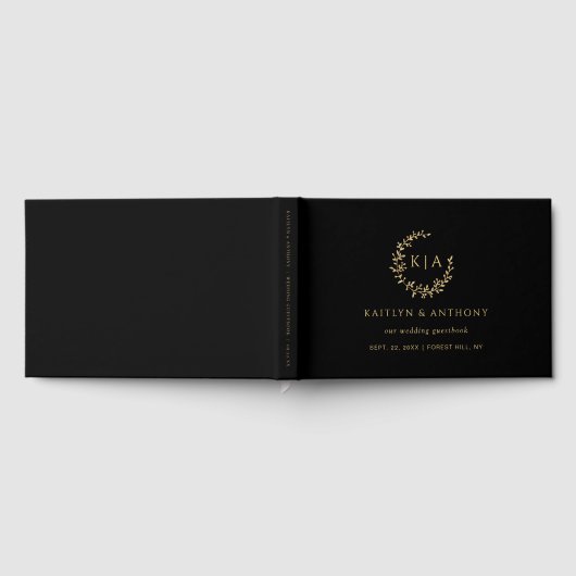 Elegante zwart en goud monogram krans bruiloft gastenboek (Volledig)