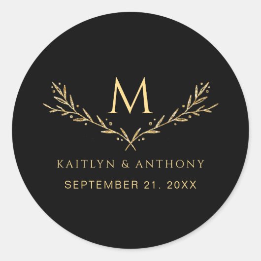 Elegante zwart en goud monogram krans bruiloft gun ronde sticker (Voorkant)