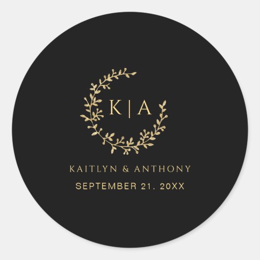 Elegante zwart en goud monogram krans bruiloft gun ronde sticker (Voorkant)