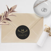 Elegante zwart en goud monogram krans bruiloft gun ronde sticker