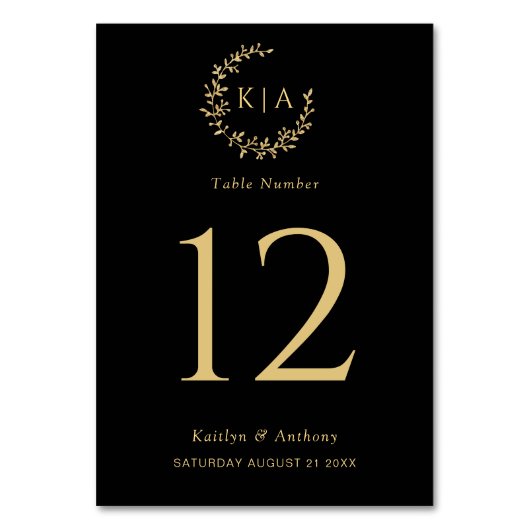 Elegante zwart en goud monogram krans bruiloft kaart (Achterkant)