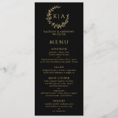 Elegante zwart en goud monogram krans bruiloft menu (Voorkant)