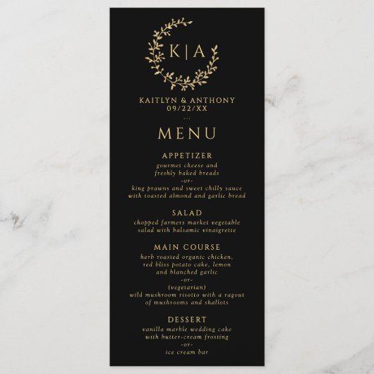 Elegante zwart en goud monogram krans bruiloft menu (Voorkant)