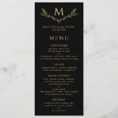 Elegante zwart en goud monogram krans bruiloft menu (Voorkant)