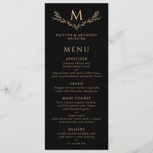Elegante zwart en goud monogram krans bruiloft menu (Voorkant)