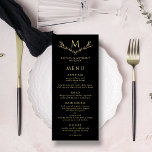 Elegante zwart en goud monogram krans bruiloft menu<br><div class="desc">Vier in stijl met deze elegante en zeer trendy trouwkaart. Dit ontwerp is gemakkelijk te personaliseren met uw speciale evenement formulering en uw gasten zullen blij zijn als ze deze fantastische menu's zien. Als u overeenkomende objecten wilt, neem dan contact met ons op en wij zijn hier om u te...</div>
