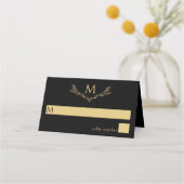 Elegante zwart en goud monogram krans bruiloft plaatskaartje (Voorkant)