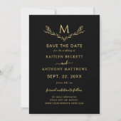 Elegante zwart en goud monogram krans bruiloft save the date (Voorkant)