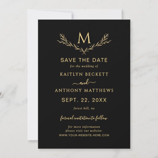 Elegante zwart en goud monogram krans bruiloft save the date (Voorkant)