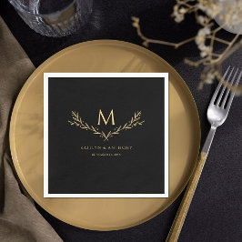 Elegante zwart en goud monogram krans bruiloft servet