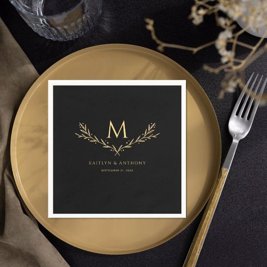 Elegante zwart en goud monogram krans bruiloft servet