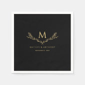 Elegante zwart en goud monogram krans bruiloft servet (Voorkant)
