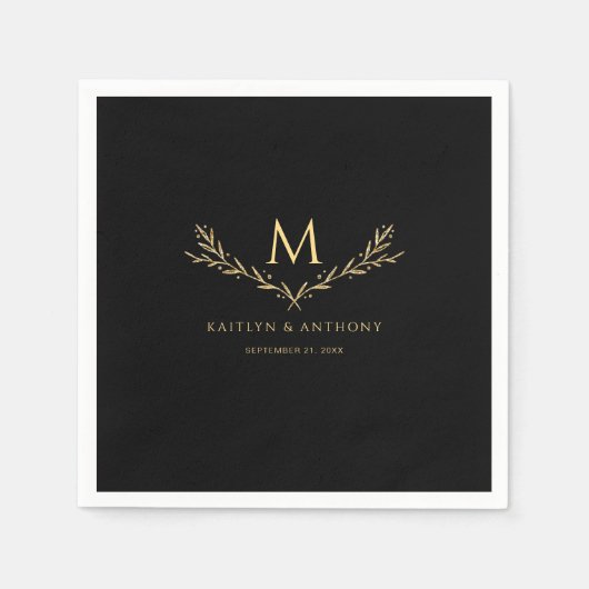 Elegante zwart en goud monogram krans bruiloft servet (Voorkant)