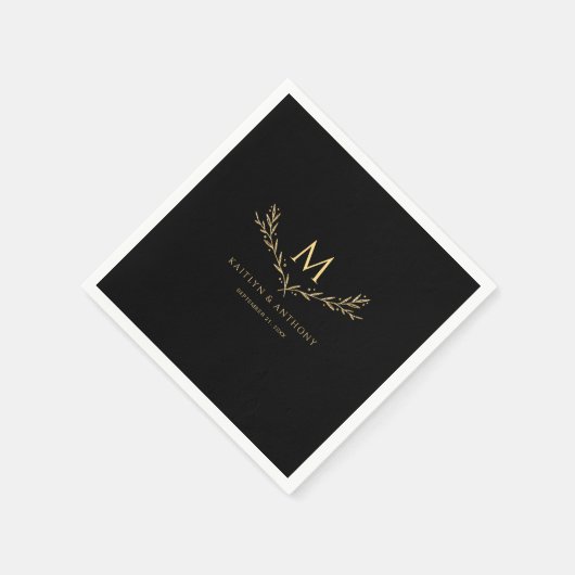 Elegante zwart en goud monogram krans bruiloft servet (Hoek)