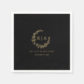 Elegante zwart en goud monogram krans bruiloft servet (Voorkant)