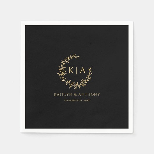 Elegante zwart en goud monogram krans bruiloft servet (Voorkant)