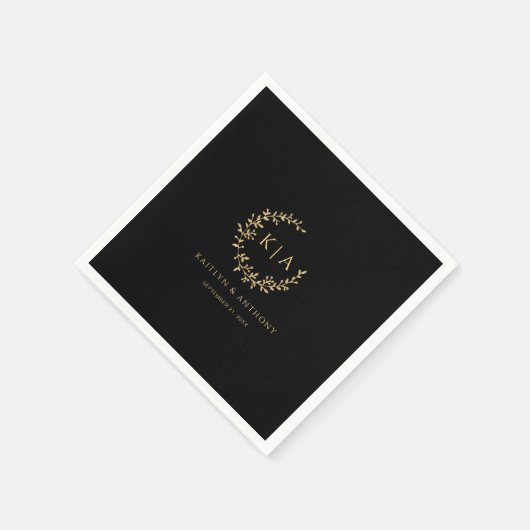 Elegante zwart en goud monogram krans bruiloft servet (Hoek)