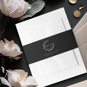 Elegante zwart en goud monogram krans bruiloft uitnodigingen wikkel