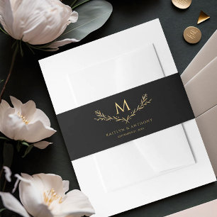 Elegante zwart en goud monogram krans bruiloft uitnodigingen wikkel