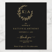 Elegante zwart en goud monogram krans bruiloft wijn etiket (Enkel label)
