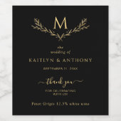 Elegante zwart en goud monogram krans bruiloft wijn etiket (Enkel label)