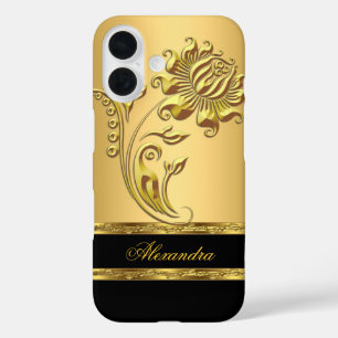 Elegante Zwart en Goud op Gouden Bloem iPhone 16 Hoesje