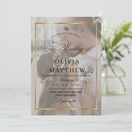 Elegante zwart en goud overlay 2 foto bruiloft kaart (Staand voorkant)