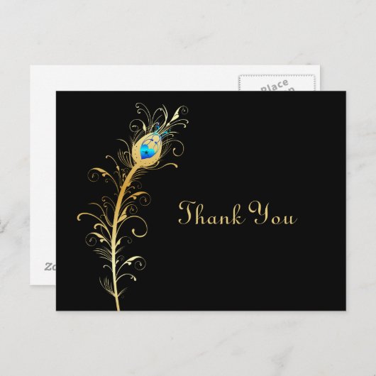 Elegante zwart en goud pauw veer Dank u Briefkaart (Voorkant / Achterkant)
