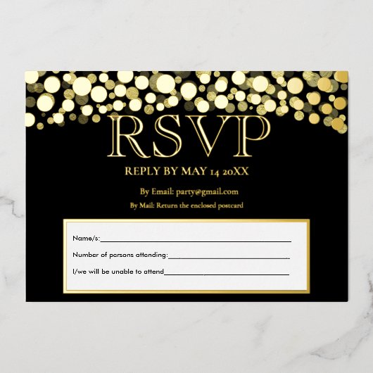 Elegante zwart en goud RSVP bruiloft acceptatie Folie Uitnodiging (Voorkant)