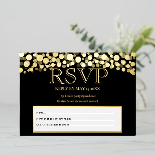 Elegante zwart en goud RSVP bruiloft acceptatie Folie Uitnodiging (Staand Voorkant)