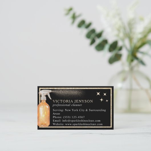 Elegante zwart en goud schoonmaakservice QR Code Visitekaartje (Staand voorkant)