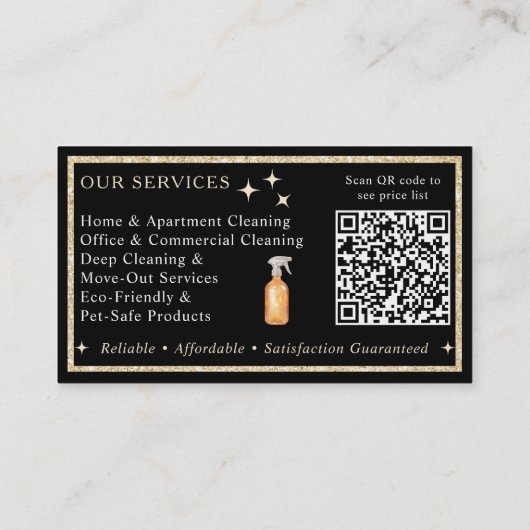 Elegante zwart en goud schoonmaakservice QR Code Visitekaartje (Achterkant)