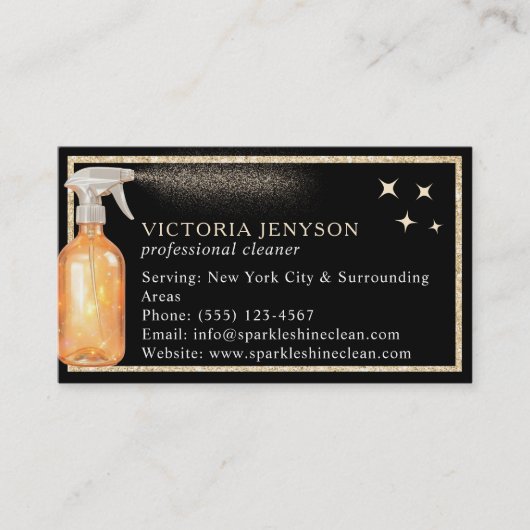 Elegante zwart en goud schoonmaakservice QR Code Visitekaartje (Voorkant)