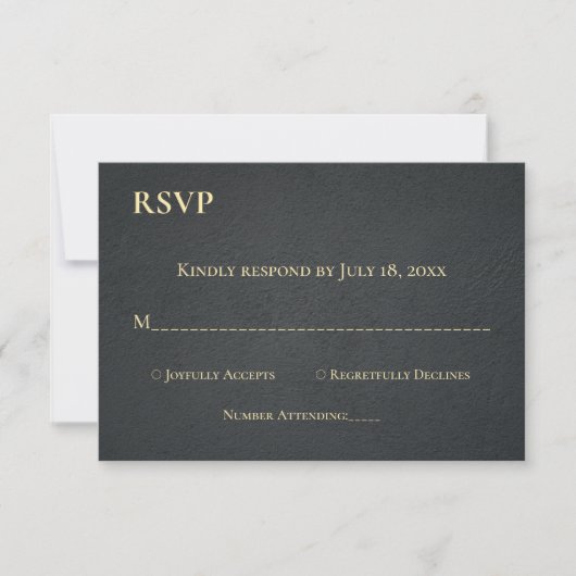 Elegante zwart en goud script klassieke bruiloft RSVP kaartje (Voorkant)