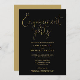 Elegante zwart en goud script verlovingsfeest kaart