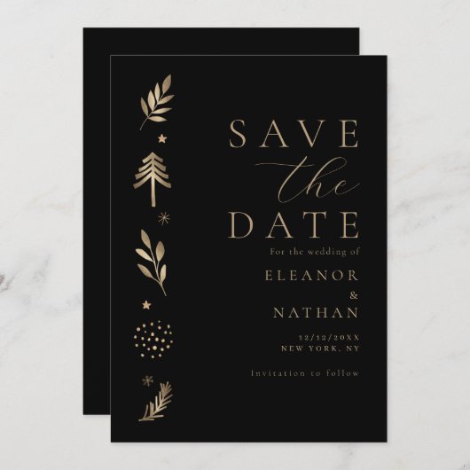 Elegante zwart en goud script wintervakantie save the date (Voorkant / Achterkant)