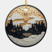 Elegante Zwart en Goud Winterdorp Ornament (Voorkant)