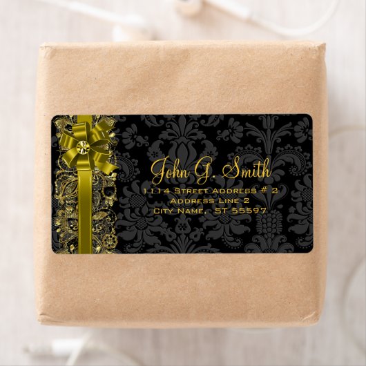 Elegante zwart en gouden bloemdamast en kant etiket (Insitu)