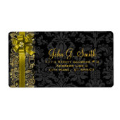 Elegante zwart en gouden bloemdamast en kant etiket (Voorkant)