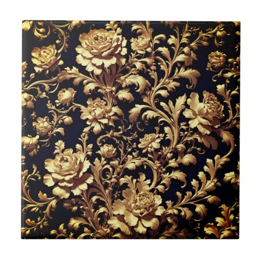 Elegante zwart en gouden bloemenbarokke keramische tegeltje (Voorkant)