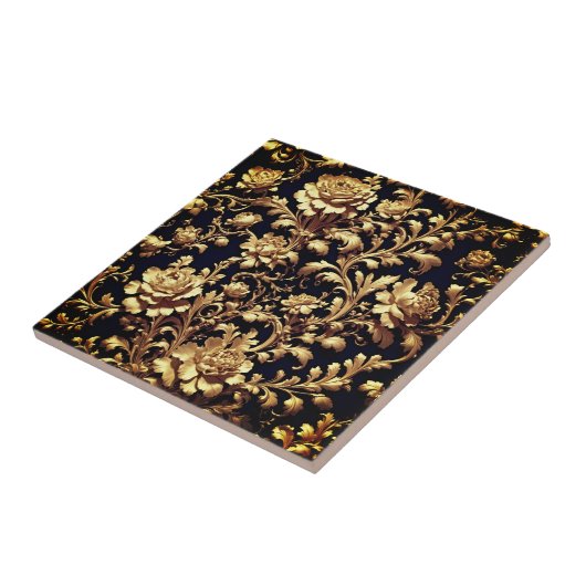 Elegante zwart en gouden bloemenbarokke keramische tegeltje (Zijkant)