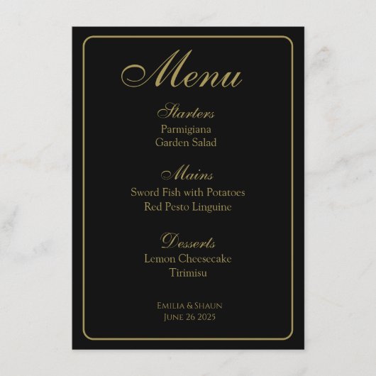 Elegante zwart en gouden bruiloft menu's (Voorkant)
