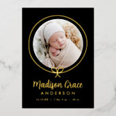 Elegante Zwart en Gouden Folie Boog Geboorteaankon Folie Uitnodiging (Voorkant)