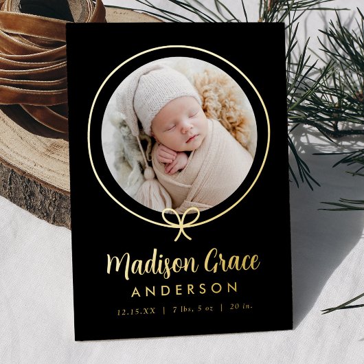 Elegante Zwart en Gouden Folie Boog Geboorteaankon Folie Uitnodiging