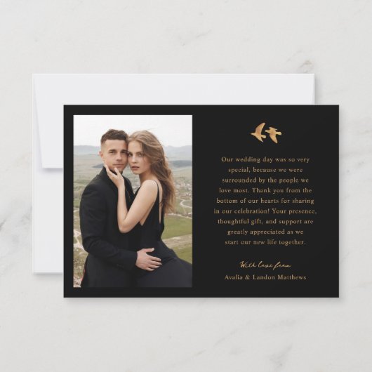Elegante zwart en gouden foto bruiloft | Vogels Bedankkaart (Achterkant)