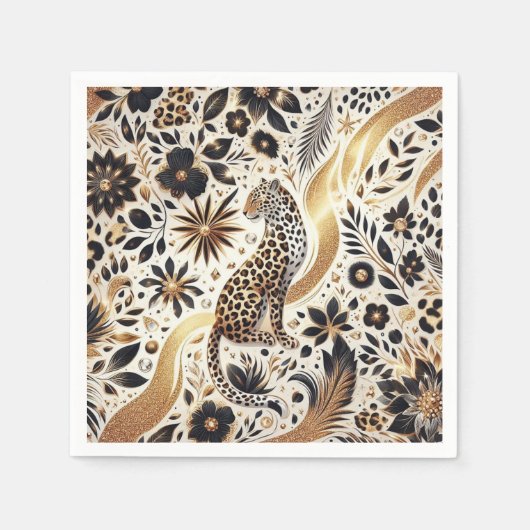 Elegante zwart en gouden glitter Luipaard Servet (Voorkant)