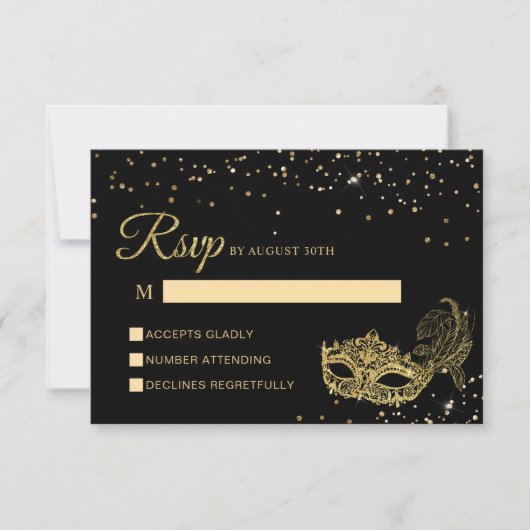 Elegante zwart en gouden Glitter Masquerade RSVP Kaartje (Voorkant)